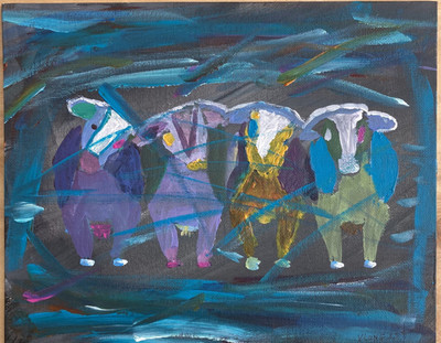 Original Hand Painting Neon Color Cows Mooing Expressionism Cubism Signed VLong