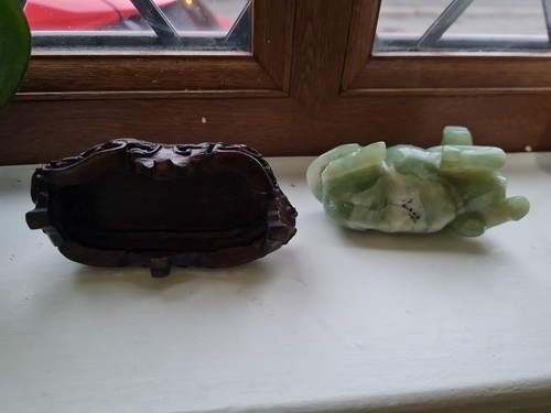 Chinese Carved Green Bowenite Buffalo Figurine on Ornate Wooden Stand 251 Grams - Picture 12 of 20