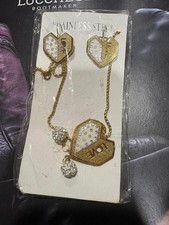 Gold Heart Crystal Stainless Steel Jewelry Set Earrings Necklace Love Theme