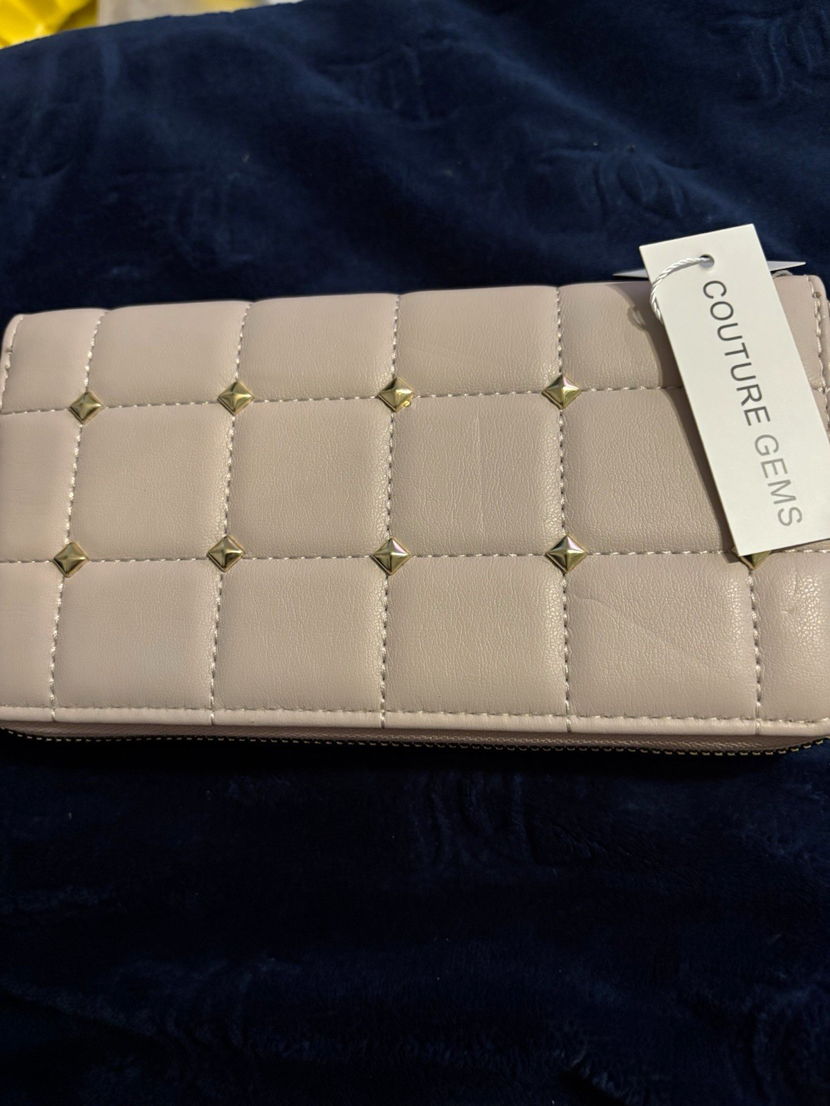 Couture Gems Beige Quilted Studded Zip-Around Wallet, Credit Card