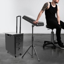 Rolling Tattoo Case Portable Makeup Suitcase w/Tattoo Hand Rest Bracket Black