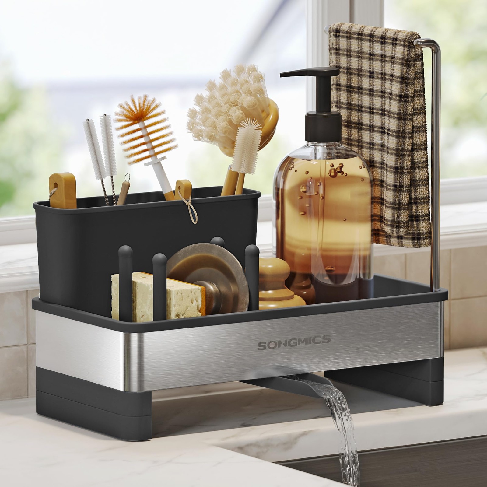 SONGMICS Kitchen Sink Caddy Tidy Sink Organiser with Sponge Holder Washing up