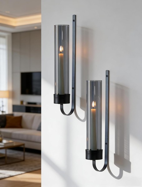 Wandkerzenhalter Schwarz 2Er Set Metall Mit Rauchglas FüR Wohnzimmer Deko-image