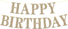 Gold Happy Birthday Banner Decorations - Pre-Strung Glitter Birthday Party Banne