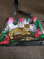Sharif 1827 Leather Handbag Jungle Leopard Black With Matching Makeup Bag