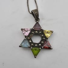 Sterling Silver Star Of David Pendant Multi Color Stones 16" Necklace Jewelry