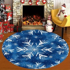 1pc Christmas Blue Border Watercolor Snowflake Round Mat - Machine Washable Poly