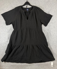 Gap Gauze Crinkle Dress Womens XL Black Soft Cotton Relaxed Fit Short Sleeve NWT