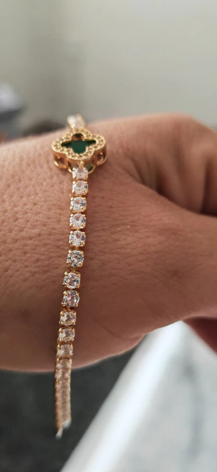 Brazalete Tenis Circonitas Chapado en Oro 18k con Trébol de Cuatro Hojas 16+3cm Ajustable Foto 2 de 4