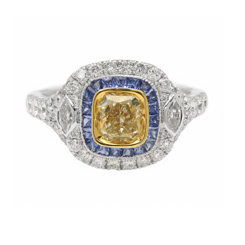 1.04 Carat Yellow Diamond Blue Sapphire Ring 18K Gold Vintage Art Deco (#26)