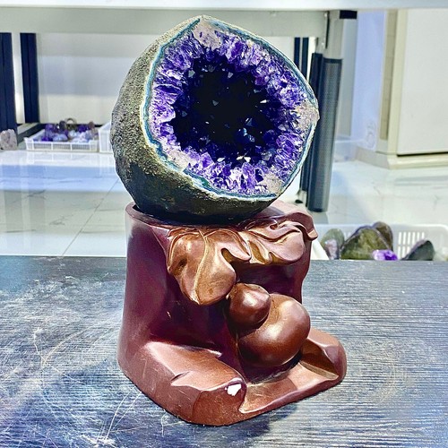 7.74LB Uruguay Natural Amethyst Money Bag Cave Decoration+Bracket - 第 2/15 張圖片