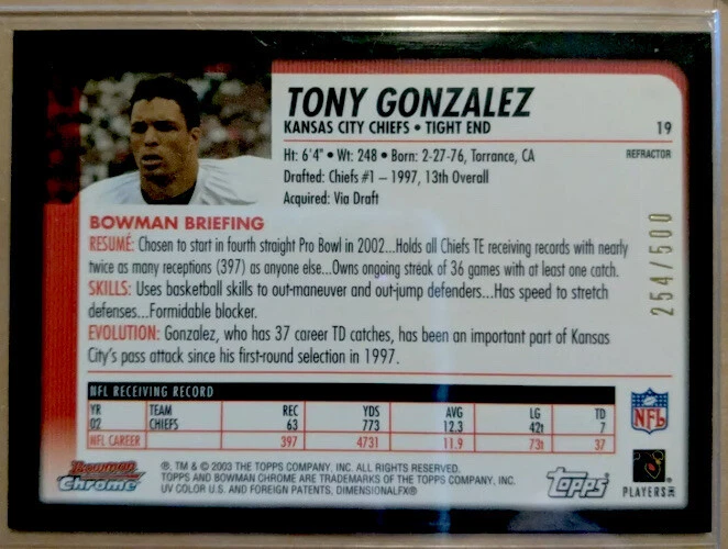 2003 Bowman Chrome Refractors Chiefs Football Card #19 Tony Gonzalez /500 HOF - Image 2 of 2