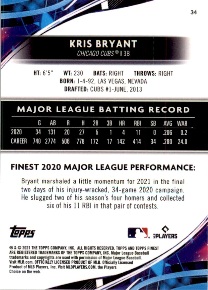 2021 Topps Finest Green /99 Kris Bryant Chicago Cubs #34 - Image 2 of 2
