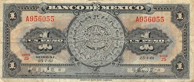 México  1  Peso  25.1.1961  Series  JS  Prefix  A  Circulated Banknote Top9