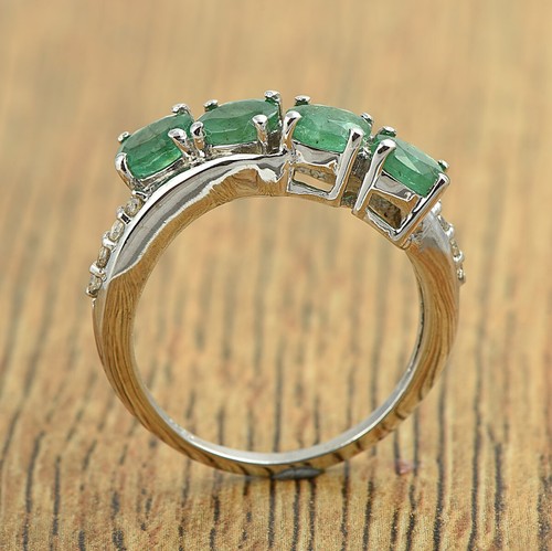 Anello fascia semi eternità pietra preziosa smeraldo verde naturale tondo argento sterling 925 - Foto 2 di 3