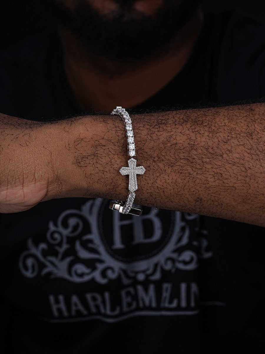 Real Solid 925 Silver Iced CZ Cross Shape Tennis Bracelet Mens