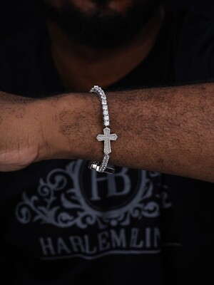 Real Solid 925 Silver Iced CZ Cross Shape Tennis Bracelet Mens