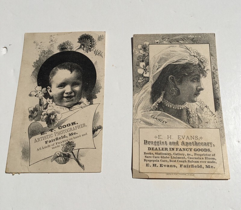 ANTIQUE TRADE CARDS E.H. EVANS & E.T. COOK PHOTOGRAPHER DRUGGIST FAIRFIELD ME
