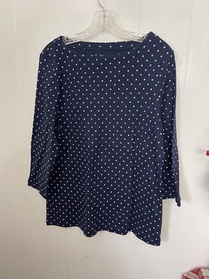 Croft & Barrow L Blue & White Polka Dot Cotton Knit Top 3/4 Sleeve NWOT