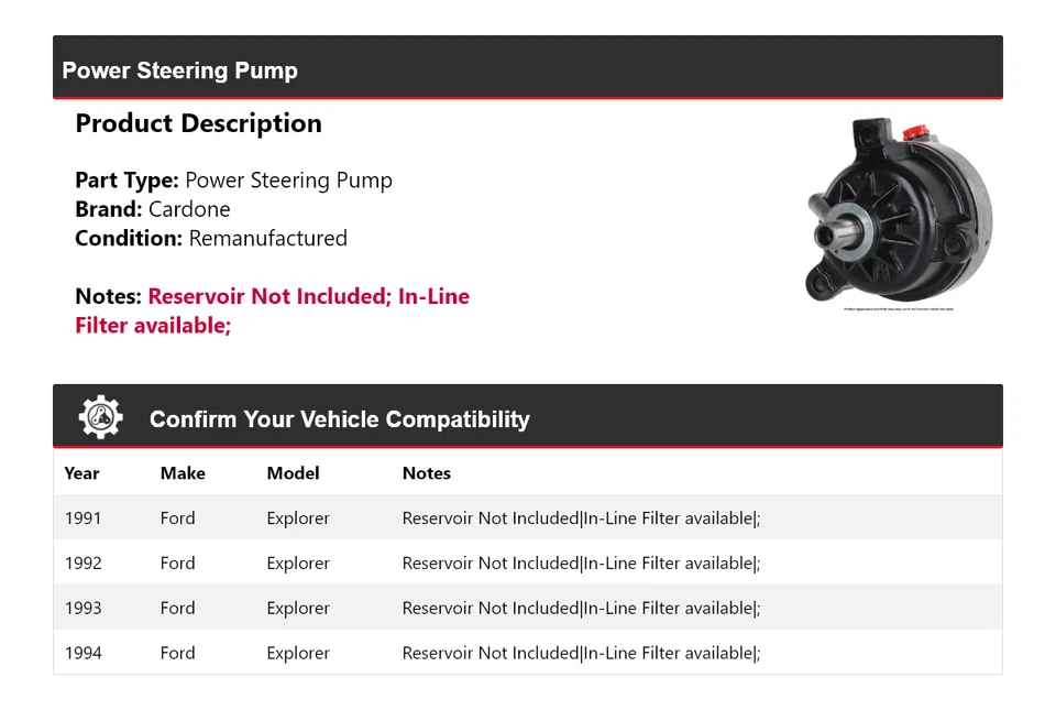 For 1991-1994 Ford Explorer Power Steering Pump Cardone 1992 1993 - Image 2 of 4