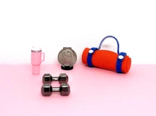 Dollhouse Miniature Fitness Equipment - Yoga Mat, Water Bottle, Weights - 1:12