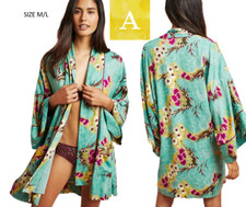 Anthropologie by Floreat Loved Boho Floral Green Multicolor Open Kimono Robe