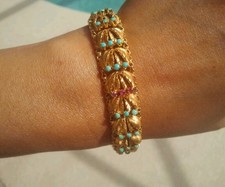 VINTAGE 18K YELLOW GOLD RUBY TURQUOISE BRACELET STUNNING 35.6 Gr NICE DETAILS.
