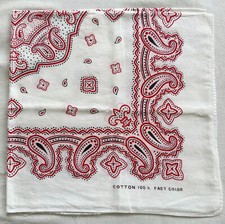 Vintage Bandana White Cotton Red Paisley Pattern Handkerchief Kerchief 20"