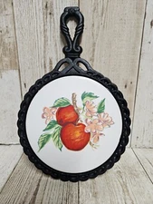 Vintage Retro Cast Iron Trivet Ceramic Tile Apples Marked BB