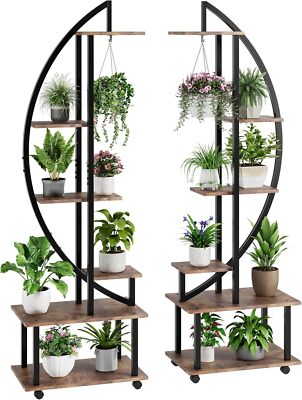 2Pcs 6 Tier Metal Plant Container Stand Half Moon Shape Plant Stands with Wheels