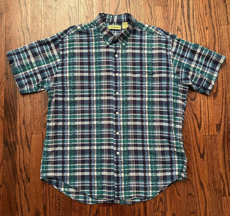 LL Bean Mens XL Button Down Plaid Green Blue Shirt Casual Short Sleeve