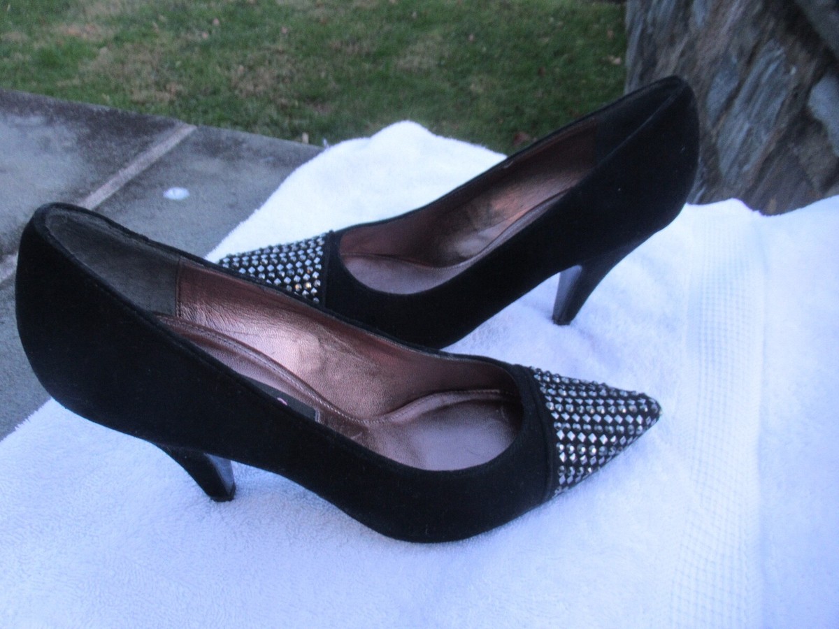 New Nina Black Suede Heels, Pointed Toes, Studded Fronts