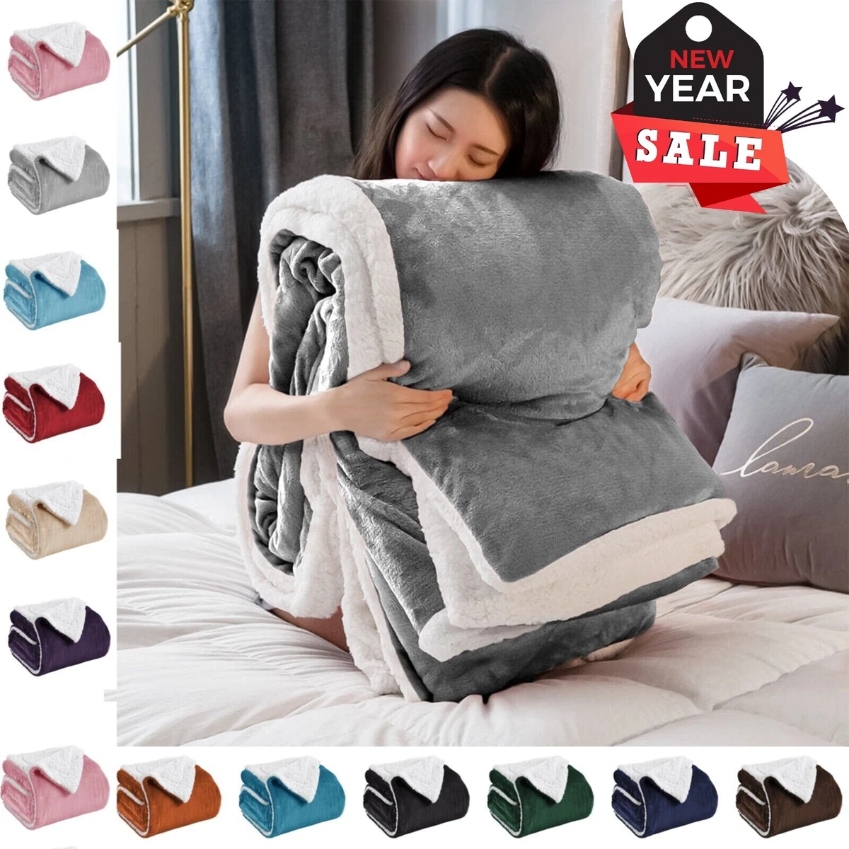 Reversible Sherpa Fleece Blanket Fluffy Soft Warm Large Sofa Bed Throw  Blankets