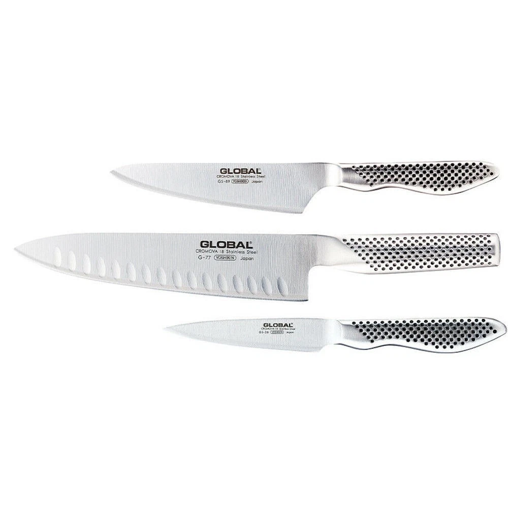 Global 3pc Kitchen Knife Set - 9cm Paring , 20cm Cooks Fluted , 13cm Cooks 79630