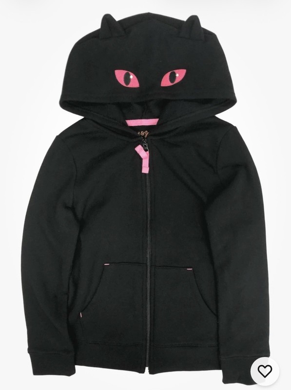 Girls Black Kitty Cat Zip Front Halloween Hoodie Sweatshirt L  (10-12)