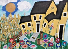 Original  hand painting of yellow Farm modern bright and colorful large by pb   