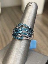 0.50 CT Blue Diamond 925 Sterling Silver Crossover Wide Band Ring Size 7