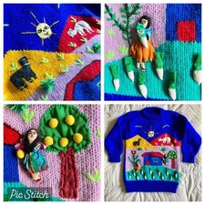 Vintage Hand-Knit Peruvian 3D Garden Orchard Animal Sweater Blue Youth M Acrylic