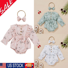 Baby Girls Outfits Ruffle Long Sleeve Floral Romper Dress Headband Bodysuit