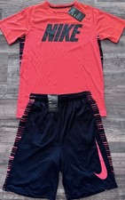 NWT Nike Boys YXL Bright Red Orange/Black Stripe Dri-Fit Shorts Set XL