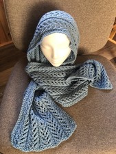 Light Blue Hand Knitted Scarf Wool Acrylic Blend Unisex 38 x 11
