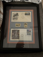 1969 FIRST DAY ISSUE THE ORIGINAL FIRST MAN ON THE MOON STAMPS FRAMED PLAQUE