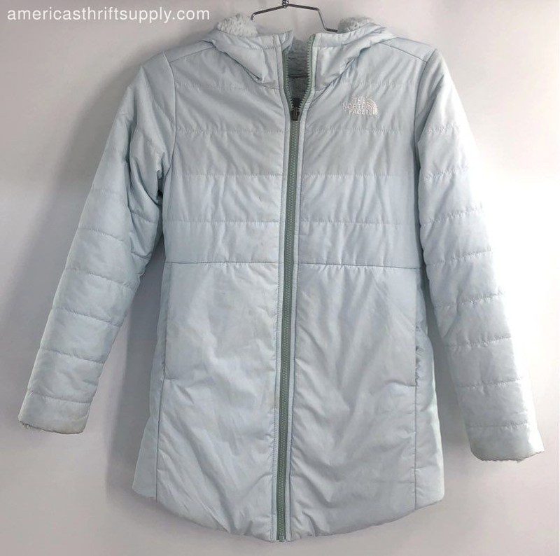 The North Face Girl's Light Blue Hooded Puffer Jacket Fleece Lined Sz M 10/12