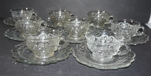 VTG Lot of 8 McKee Rock Crystal Glass Footed Coffee Cups & Saucers