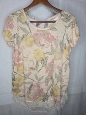 LC Lauren Conrad Tee Pink Floral Ribbon Tie Back Lace Trim Whimsy Fairy Medium