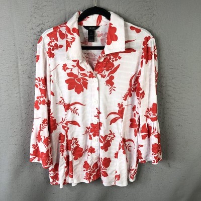 Ali Miles Top  Womens L White Red Floral Button Front Bell Sleeve Knit Artsy