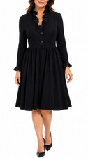 Vintage Valentino Night Dress Crepe Wool Long Sleeve Ruffle Black Knee Length