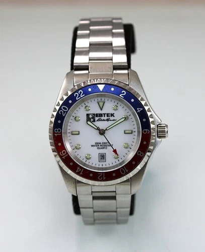Eddie Bauer EBTEK Watch Men Pepsi Bezel Stainless St White 100m Batt Date Quartz