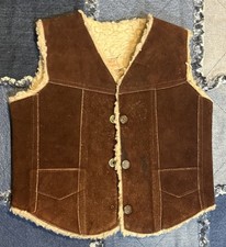VTG Ayala Western Suede Shearling Vest Kids Youth Sherpa Brown Cowboy Worn As Is