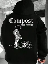 Men's Oversized Black Hooded Sweatshirt with White Gothic Back Print - Medieval